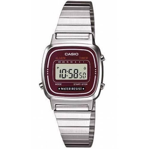 Image of Casio LA670WEA-4EF dameur i sølv med bordo urskive